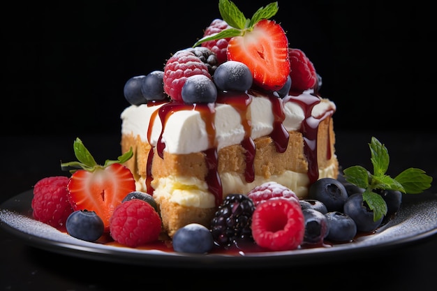 Tarta de queso en rodajas con frutos rojos frescos y crema batida