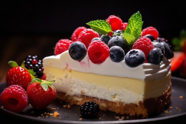 Tarta de queso en rodajas con frutos rojos frescos y crema batida