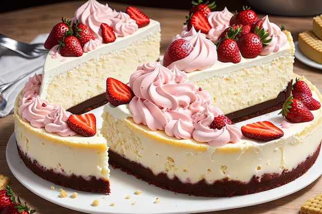 Una tarta de queso rosa con una corteza de galleta graham está cubierta con fresas frescas, su textura cremosa y su sabor dulce, una combinación perfecta de estilo barbie, ilustración generativa ai