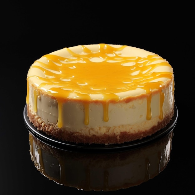 Tarta de queso con salsa de caramelo en un primer plano de fondo negro