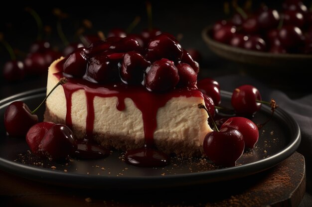 Tarta de queso con salsa de cerezas encima