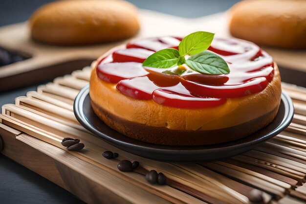 Tarta de queso con salsa de fresas encima