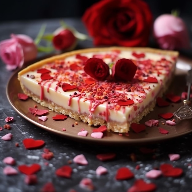 Tarta de queso de San Valentín con rosas rojas.