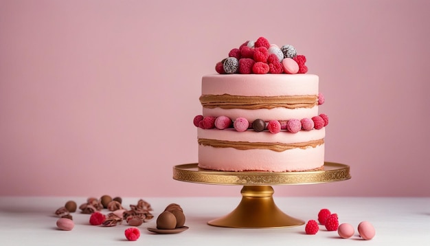 Tarta rosa alta decorada com macarrões framboesas e bolas de chocolate em bolo dourado