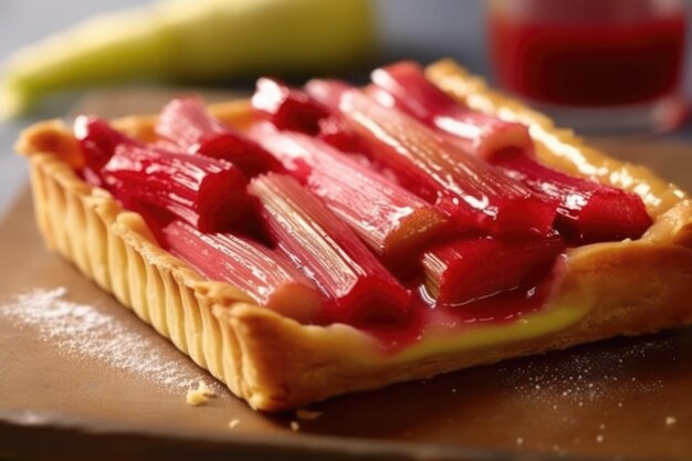 Foto una tarta de ruibarbo con una rebanada sacada.