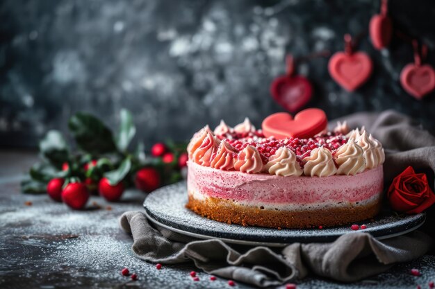 Tarta de san valentín con crema roja y rosa.