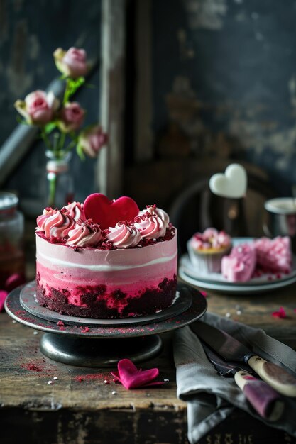 Tarta de san valentín con crema roja y rosa.