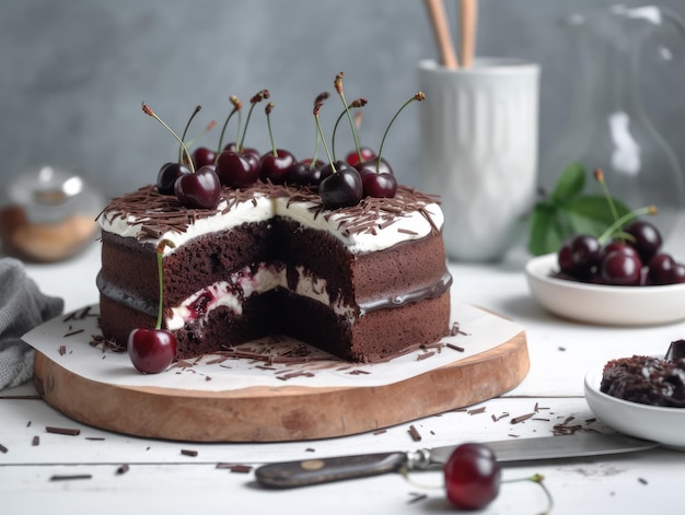 Tarta selva negra Postre de chocolate negro y cerezas IA generativa