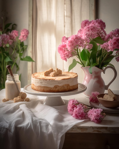 Una tarta con un tarro de flores al fondo.