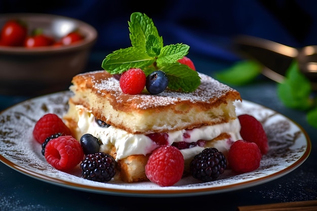 Tarta de tiramisú con frutos rojos y menta