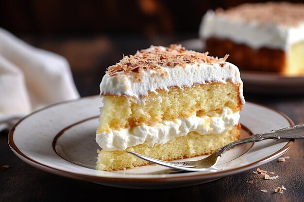 Tarta de vainilla con una rebanada disfrutando con una taza de té caliente