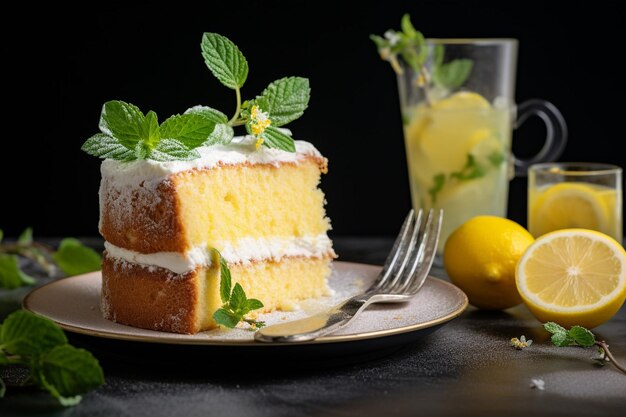 Tarta de vainilla con una rebanada disfrutando con una taza de té caliente