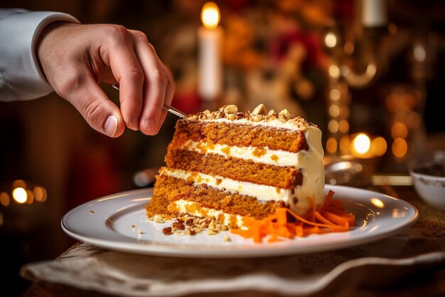 Tarta de zanahoria con una rebanada disfrutando con una copa de champaña