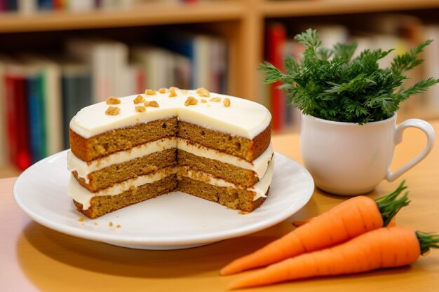 Tarta de zanahoria con una rebanada disfrutando con una copa de champaña