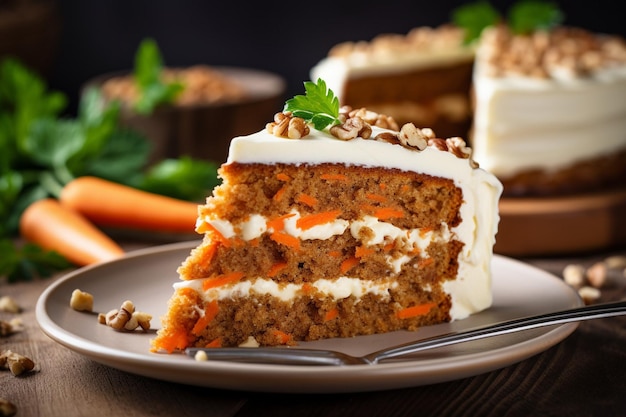 Foto tarta de zanahoria con una rebanada disfrutando con una copa de champaña