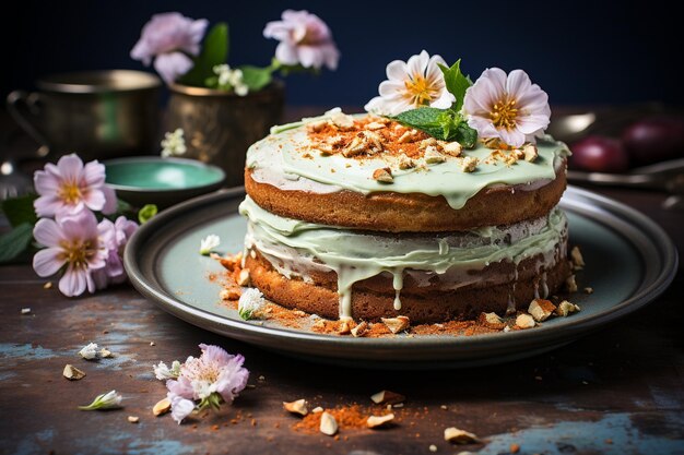 Foto tarta de zanahorias vegana en agua con el fondo rústico