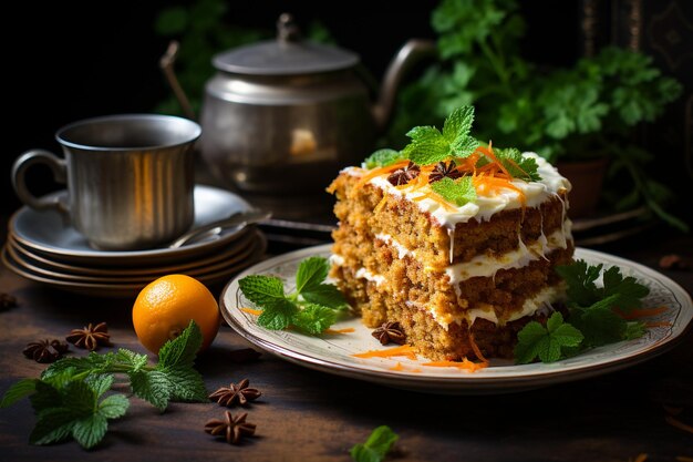 Tarta de zanahorias vegana en agua con el fondo rústico