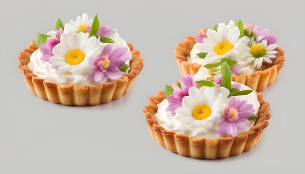 Tartaleta con crema decorada con flores de colores aisladas sobre fondo suave