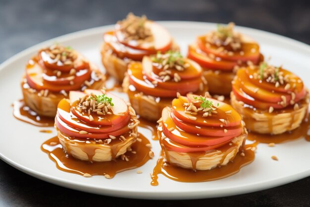 Tartaletas de manzana con caramelo en un plato blanco