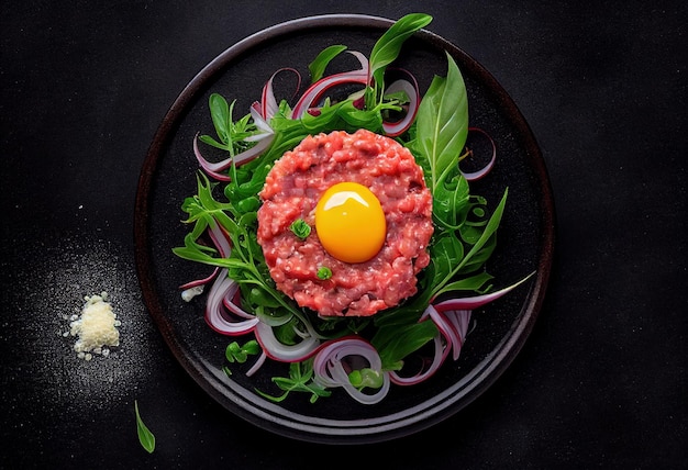 Tartar de ternera cruda con yema de huevo y ensalada de rúcula