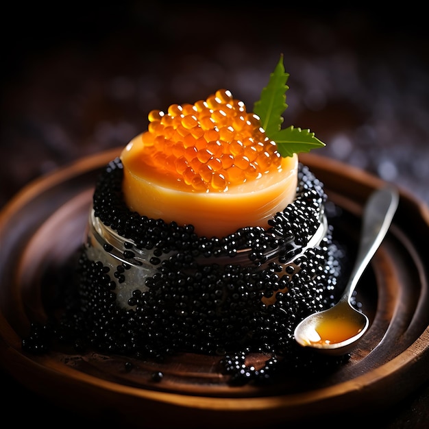 Foto tartare de salmão cru com caviar preto e vermelho e um copo de vinho branco na mesa do restaurante