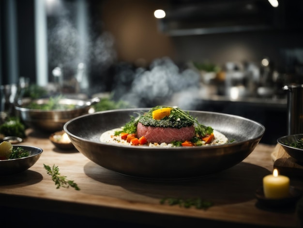 Foto tartare de salmón en la cocina de un restaurante concepto de comida saludable