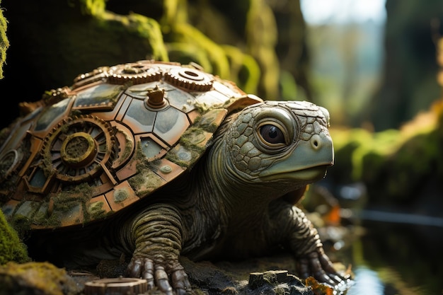 Tartaruga ancestral emerge em lago cercado por ruínas sob IA generativa do amanhecer mágico