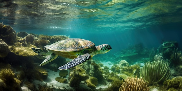 tartaruga aquática nadando no oceano perto do fundo IA geradora de vida subaquática