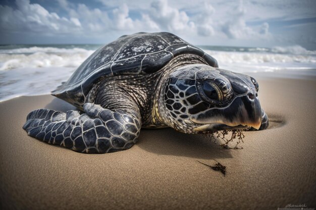 Tartaruga Araffe deitada na praia com a cabeça na areia