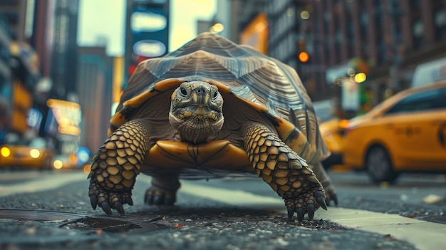 Tartaruga atravessando uma rua movimentada da cidade