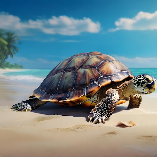 tartaruga caminhando ao lado da praia do mar aquarela