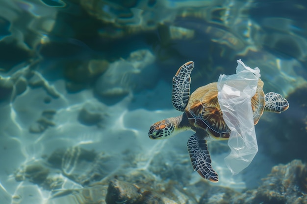 Tartaruga com detritos de plástico em sua concha no mar