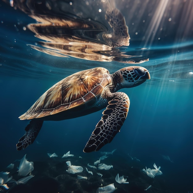 tartaruga com lixo plástico no mar azul