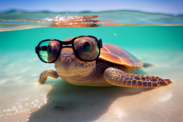 Tartaruga com óculos de sol na praia gerada pela IA