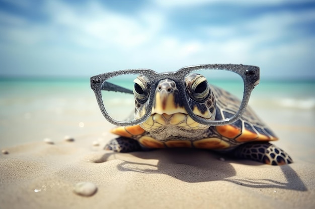 Tartaruga com óculos no fundo da praia do mar gerada por IA