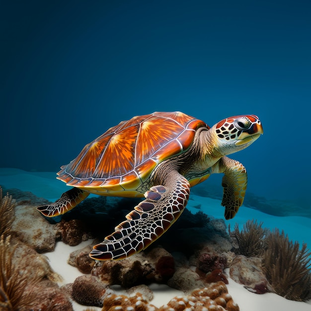 tartaruga de cor marrom em um recife de coral