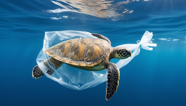 Foto tartaruga de plástico envolvida na poluição dos oceanos