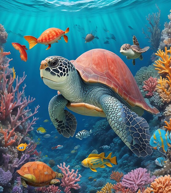tartaruga e peixes coloridos no oceano azul