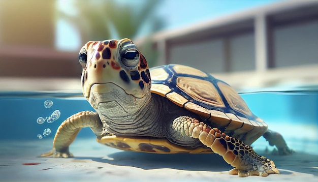 Tartaruga feliz se divertindo nas férias de verão nadando na piscina