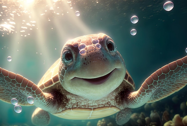 Tartaruga fofa de renderização 3D sorrindo no fundo do mar
