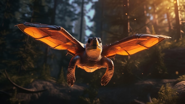 tartaruga mágica com asas voa na floresta