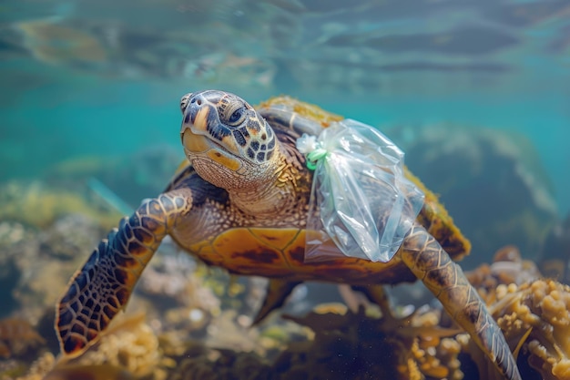 Foto tartaruga marinha afetada pela poluição plástica nas ilhas galápagos