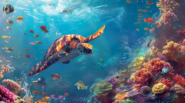 tartaruga marinha com recife de coral fundo cena subaquática