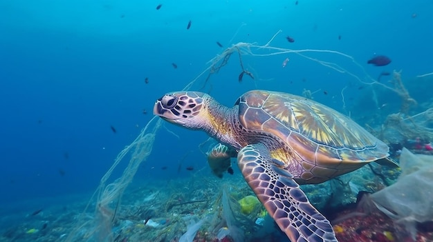 Tartaruga marinha na água cercada por lixo plástico Generative AI