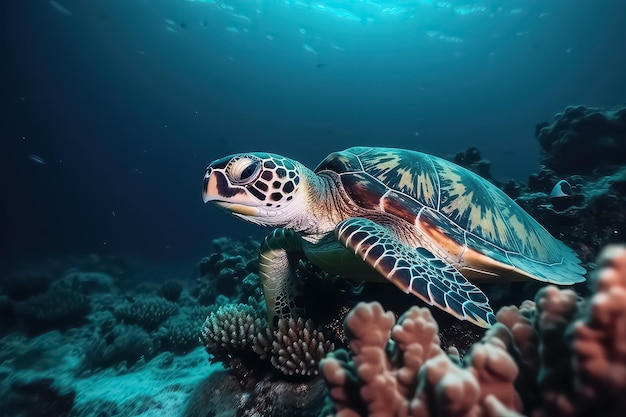 Tartaruga marinha nadando nas Maldivas Tartaruga no mar azul olhando diretamente