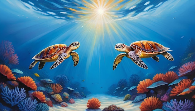 tartaruga marinha nadando no oceano com a luz do sol fluindo pela água