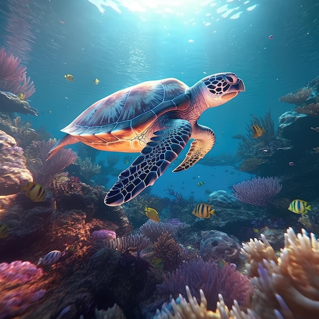 Tartaruga marinha nadando no oceano com recifes de coral debaixo d'água Ilustração de fundo para o conceito do dia mundial dos oceanos Vida em águas tropicais ilustração generativa de ai