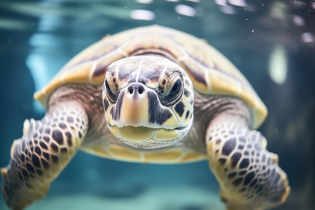 Tartaruga marinha nadando perto da câmera dos mergulhadores