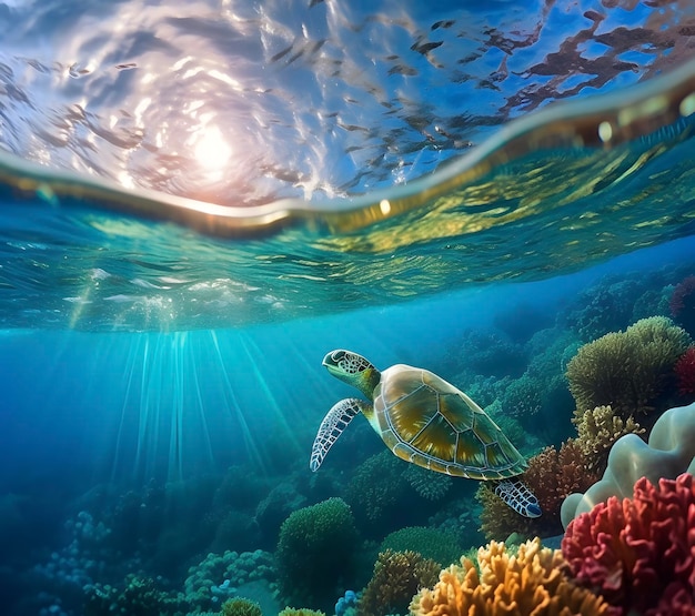 Tartaruga marinha ou tartaruga marinha nadando no oceano gerado por IA