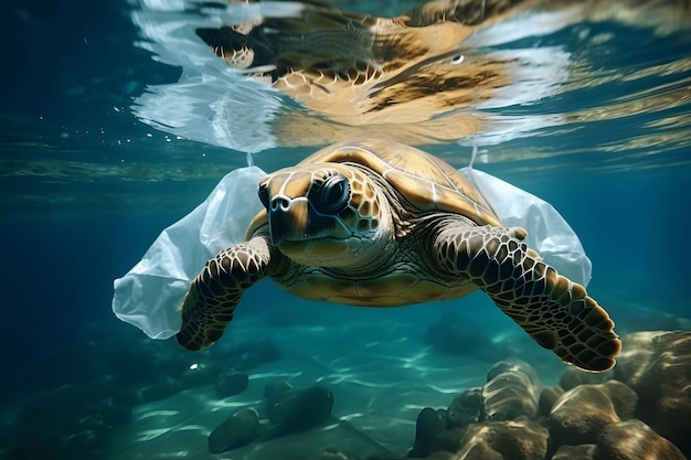 Foto tartaruga marinha presa em sacos de plástico problema de poluição ambiental de lixo e lixo no oceano